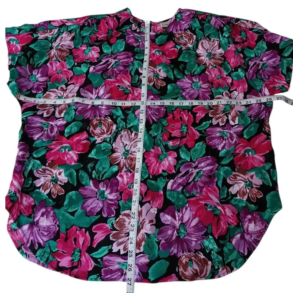 VINTAGE 80s 90s Blouse Top 18W‎ Shiny Floral Bright Colorful Office Career Event